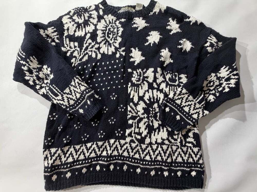 Forenza L Navy Cream Floral Fair Isle Knit Sweater Chunky Vintage Cotton Ramie